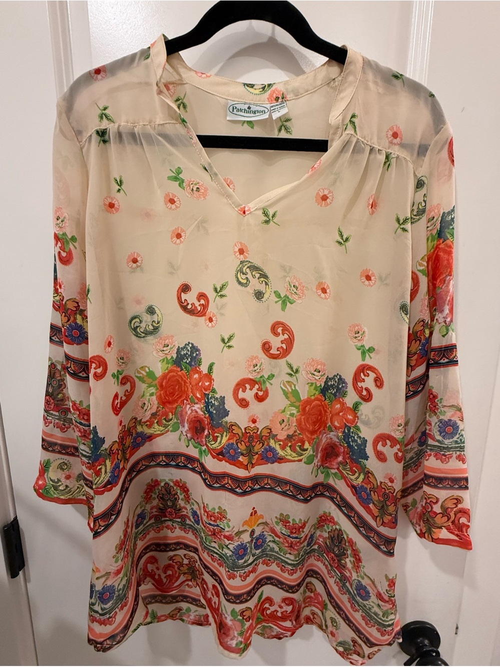 Patchington Cream Floral Border V-Neck Tunic with Red & Green